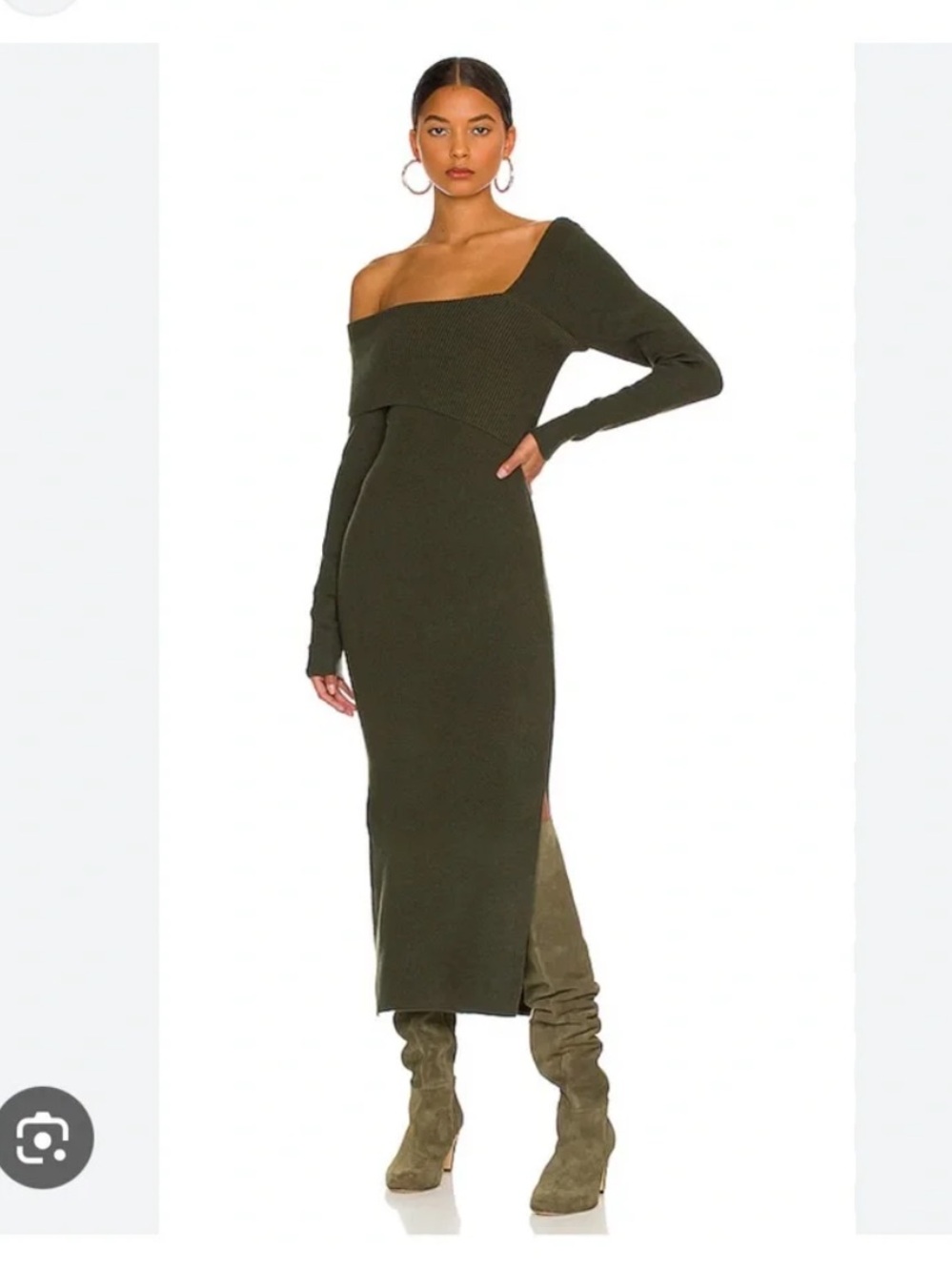 Line & Dot Olive Green Long-Sleeve One-Shoulder Knit Dress